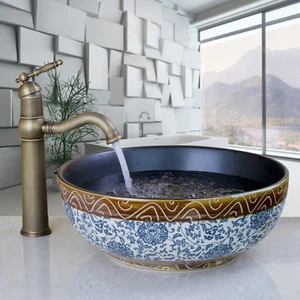 Grifo de tocador antiguo de latón clásico redondo de cerámica lavabo lavabo de baño - Imagen 1 de 8