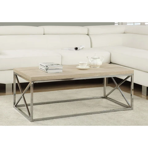 Monarch Natural Wood-Look Finish Chrome Metal Contemporary Design Coffee Table Cover