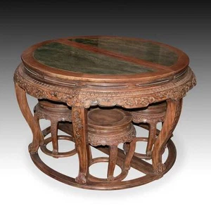 VERY RARE CHINESE FINE PAIR HUANGHUALI DEMILUNE TABLES & FOUR STOOLS HUBEI CHINA - Picture 1 of 12