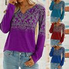 Vintage Women's Printed Tops Ethnic Style Loose Fit Tee Long Sleeve Shirt