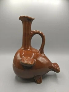 Studio Folk Art Pottery Fish Shape Bud Vase Brown Redware Handle 7.5"H  - Picture 1 of 7