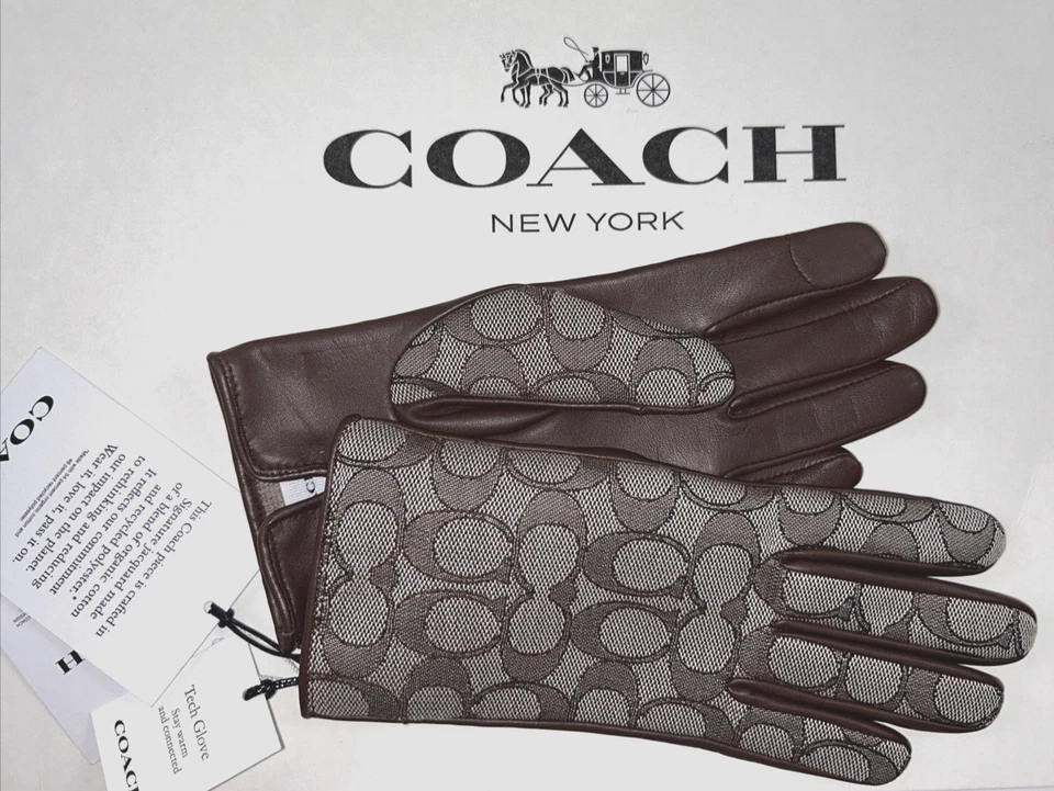 NEW COACH Size 6.5 Women's Gloves Oak SIG C Jacquard Leather Wool Lined TECH $95 - Image 1 of 4