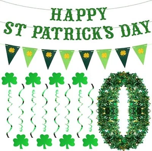 St Patricks Day Decorations w/ Banner Garland Hanging Shamrock Swirl for Irish - Picture 1 of 4