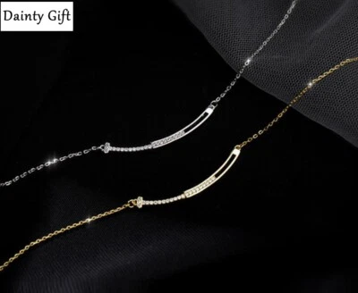 DELICADO Collar Barra Sonrisa Curva Circonita cúbica Plata Esterlina 925 para Mujer Niña 15.5-17.5" Foto 1 de 4