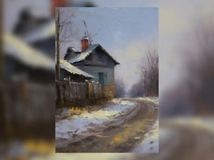 Rustic House Winter Scene Oil Painting Print - Countryside Art 5" x 7" - Picture 1 of 5