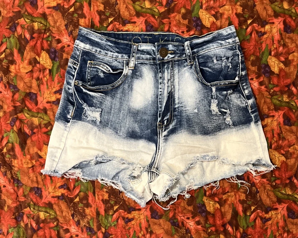 Hot Kiss Juniors Ombre Denim Distressed Jean Shorts  Mid Rise Bleached Stretch 7 - Image 1 of 4
