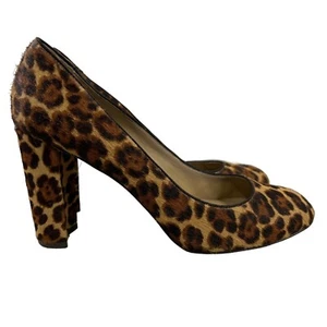 Ann Taylor Leopard Calf Hair Pumps Womens 8.5 Slip-On Round Toe Block Heel - Picture 1 of 10