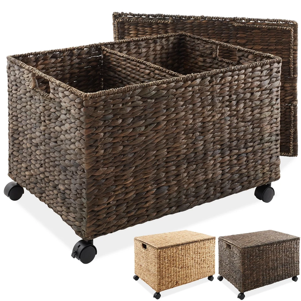 Rolling Storage Basket Cart w/ Lid & Wheels - Woven Wicker Divided Recycling Bin - Image 1 of 1