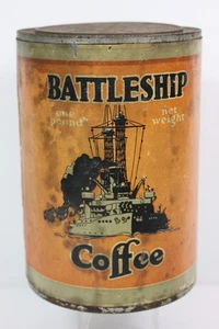 Lata de café con etiqueta de papel BATTLESHIP de la Segunda Guerra Mundial de 1940 rara - parte superior e inferior completa - Imagen 1 de 6