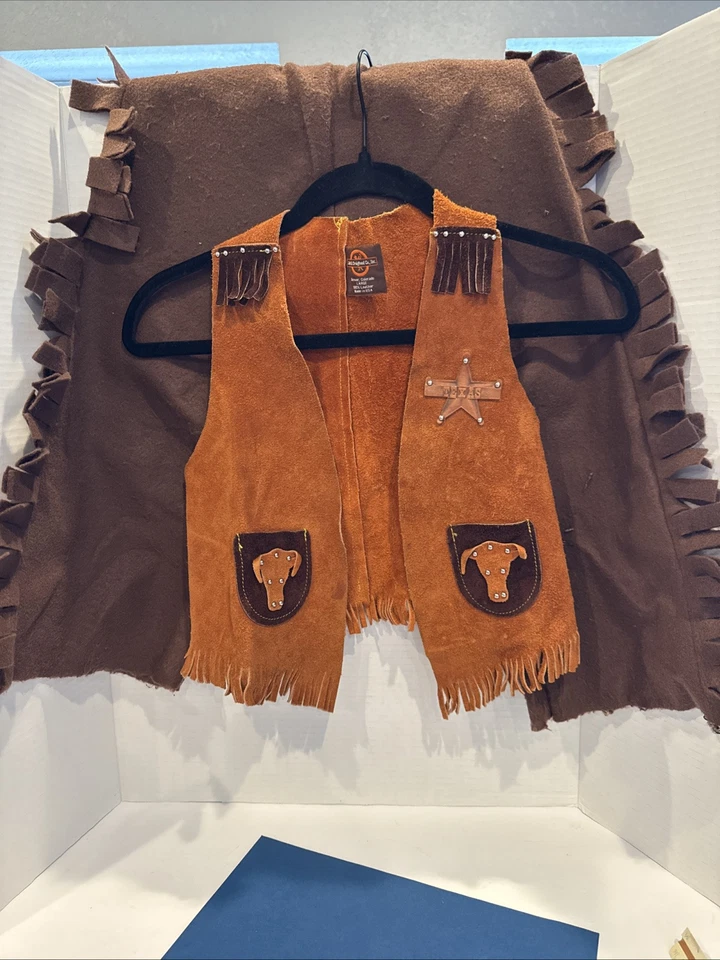 Chaleco vaquero de cuero vintage para niños Western John R. Craighead Co. con flecos y pantalón de fieltro Foto 1 de 4