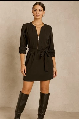 Vestido Michael Kors Para Mujer Manga Larga Negro Cuello en V Media Cremallera Corbata Cintura Talla M Foto 1 de 4