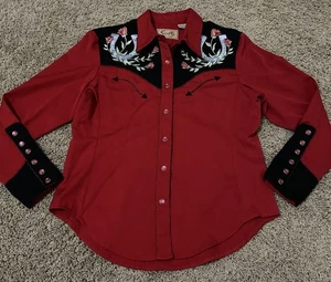 Damen Medium Scully Western Passe Perlen Druckknopf Shirt rot schwarz bestickt Rose - Bild 1 von 8