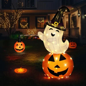 2.5FT Halloween Inflatable Metal Ghost on Pumpkin w/ Projection Effect Lawn Deco - Picture 1 of 7