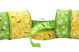 25mm, 38mm, 63mm Wide Woven Wired Edge Spring Summer Bumble Bee & Flowery Ribbon - Picture 1 of 5