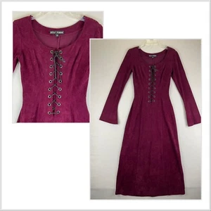 Vintage 90s Betsey Johnson Dress Gothic Victorian Burgundy Corset Lace Up Sz Med - Picture 1 of 11