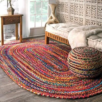 Oval Rug Cotton Braided Vintage Handmade Oriental Reversible Shaped Floor - Image 1 of 4