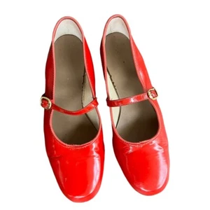 Vintage 1970s Red Patent Leather Mary Jane Flats Wooden Heel Made IN USA SZ-7.5 - Picture 1 of 13