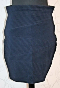 1990s VTG ELIYA PARIS Lycra Bandage Skirt Ribbed-Stretch Navy-Blue Short BodyCon - Picture 1 of 10