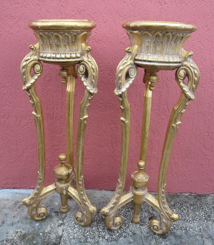PAIR OF ANTIQUE FRENCH WOOD GOLD GILT ORNATE PEDESTAL JARDINIERE PLANT STAND Cover