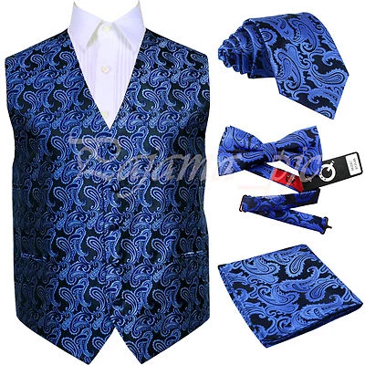 Royal Blue XS-6XL Paisley Tuxedo Suit Dress Vest Waistcoat Necktie Bowtie Hanky  - Image 1 of 4
