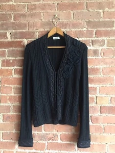Vtg Moschino Women's Sweater, 100% Wool Navy Blue, Size 42 IT/8 US Rose Appliqué - Picture 1 of 8