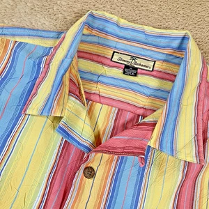 Tommy Bahama Mens XL S/S Multicolor Stripe Crinkle Fabric Wood Button Camp Shirt - Picture 1 of 10