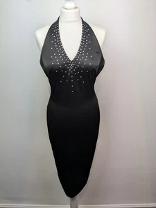 Vestido midi negro adornado con cuello halter Warehouse talla Uk 8 EE. UU. 4 para damas - Imagen 1 de 10