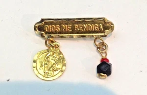 New 14k Gold Baby Pin "DIOS ME BENDIGA" w/Medal & Azabache Bead - Picture 1 of 2