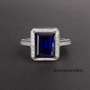 Anillo de compromiso con halo de boda de zafiro azul real de 2,60 quilates corte esmeralda de oro de 14 quilates - Imagen 1 de 5