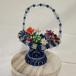 Hand Made Bright Blue Pin Art Flower Basket Mid Century Beaded - Picture 1 of 10