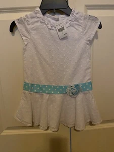 Cute white eyelet tunic top dress with aqua polka dot ribbon and lace rose - Picture 1 of 1