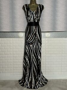 BNWT EZCLOZET RRP £129 Gold/white/black Sequins Maxi Long Evening Dress Size 14