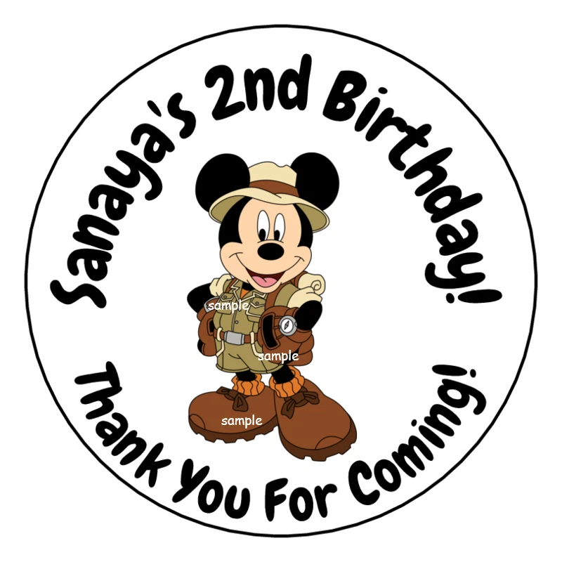 12 pegatinas de fiesta de cumpleaños Mickey Safari etiquetas favoritas etiquetas etiquetas 2,5" Foto 1 de 1