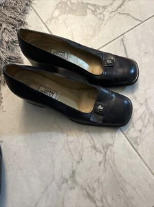 GIANNI VERSACE Vintage Black Leather Block Heel Shoes Size 37 - Picture 1 of 4