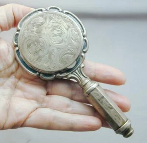 Specchio antico inciso argento 835 a mano compatto e porta rossetti marcato - Foto 1 di 8