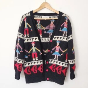Vtg Lord & Taylor Alpaca Sweater Medium Peru Hand Knit Black Red Folk Cardigan - Picture 1 of 16