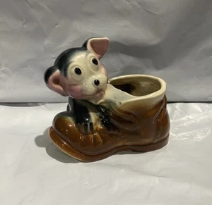 Vtg Puppy Dog And Boot Flower Planter Brown Hiding 1950-1960 - Picture 1 of 5