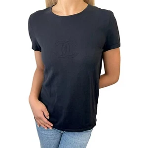 CHANEL Vintage 05C CC Logo Knit T-shirt #42 Short Sleeve Top Black Cotton - Picture 1 of 10