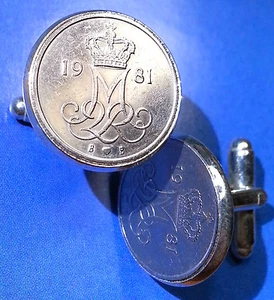 M M Crowned Initials Denmark Vintage 1973-1988 Danish Coin Manschettenknöpfe + Geschenkbox! - Bild 1 von 2