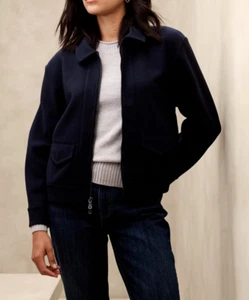 BANANA REPUBLIC Jacket Women's PXL Navy Preppy Melton Classic Zip Moto - Picture 1 of 14