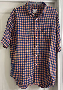 Brooks Brothers 346 Orange & Blue Plaid Linen S/S Button Down Shirt Men's Sz XL!