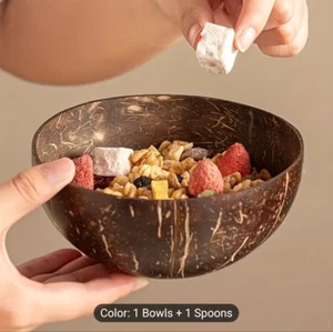 Coconut Shell Bowls Set with Wooden Spoons: 2 bowls, 2 spoons - Picture 1 of 4