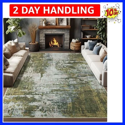 Моющийся небольшой ковер 4x6 для гостиной, зеленые богемные абстрактные коврики для спальни,... - Изображение 1 из 4