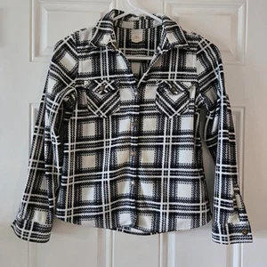 Girls O'Neill Plaid Fleece Button Up Jacket Sz M Black White Flannel Shacket - Picture 1 of 5