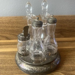 Vintage Etched Glass 6 Piece Cruet Condiment Set Silver Plate Caddy - Picture 1 of 6