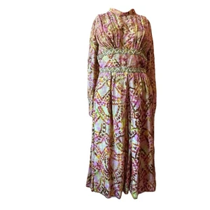 Vintage 60s Lillie Rubin Flocked Velvet Dress Beaded S Green Pink Designer - Picture 1 of 24