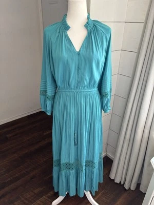 Chicos Dress Womens 0 US 4 Crochet Detail Ruffle Maxi Prairie Bohemian Teal - Imagem 1 de 4