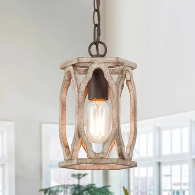 LNC Farmhouse Wood Pendant 6 in. W 1-Light Brown Drum Cage Rustic Island - A5 - Image 1 of 4