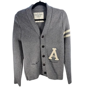 Abercrombie Fitch Mens Grey Cardigan Sweater Applique Letter A Stripes Size M - Picture 1 of 8