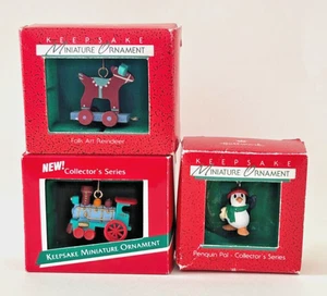 3 Hallmark Miniature Ornaments 1989 Train, 1988 Penguin Pal & Folk Art Reindeer - Picture 1 of 10